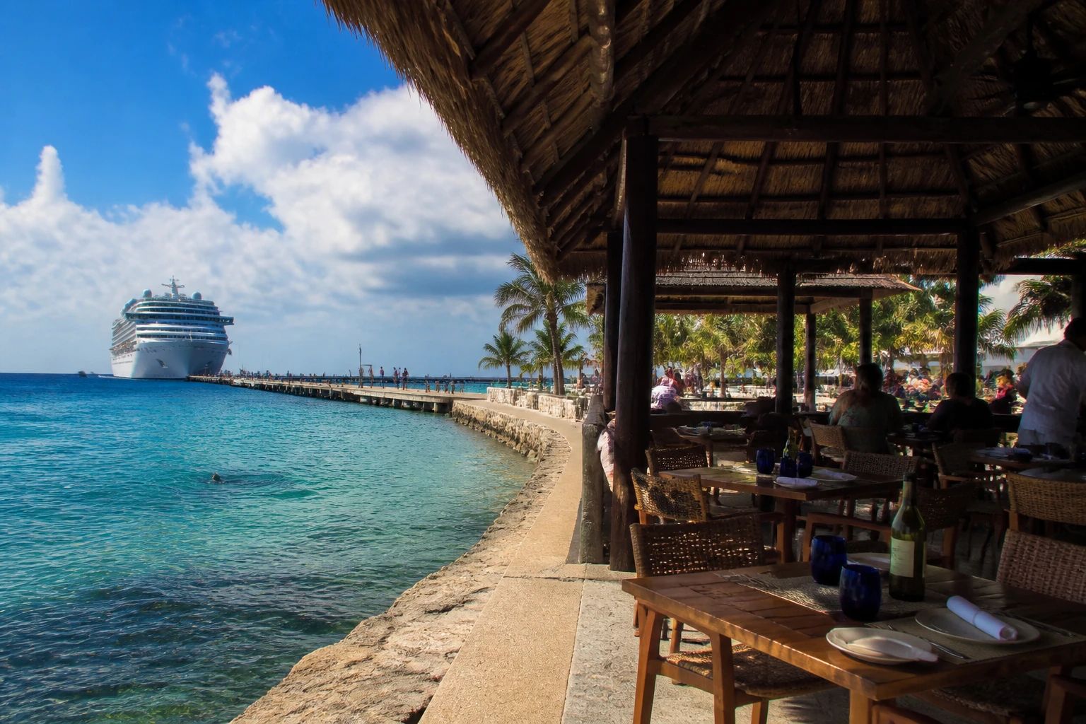 Waterfront dining near a Cozumel cruise terminal