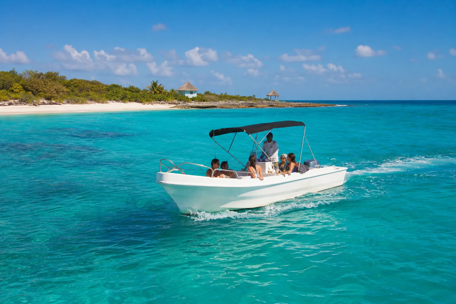 Excursion boat traveling across turquoise water near Cozumel