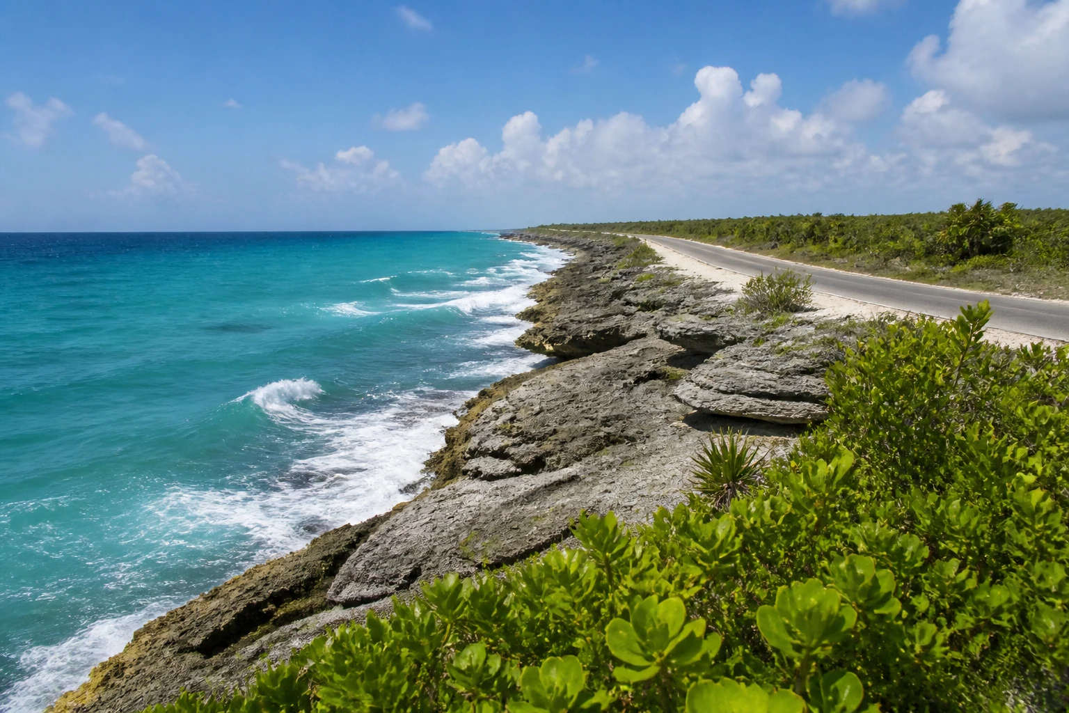 Coastal road and Caribbean water on Cozumel's east side