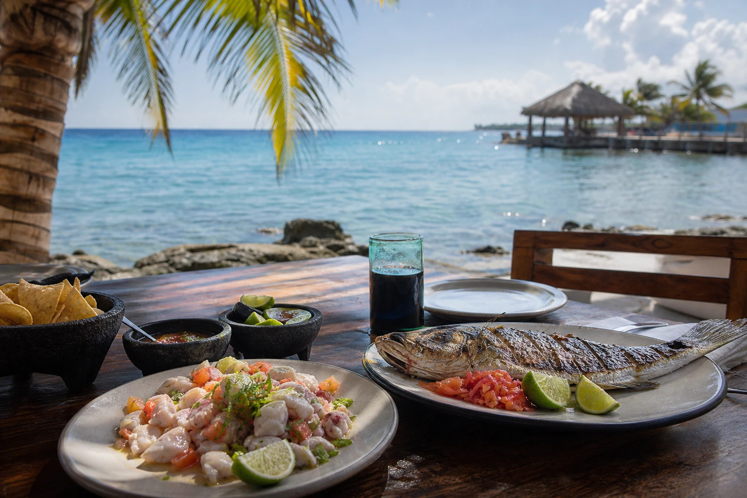 Seafood dishes on an oceanfront table in Cozumel