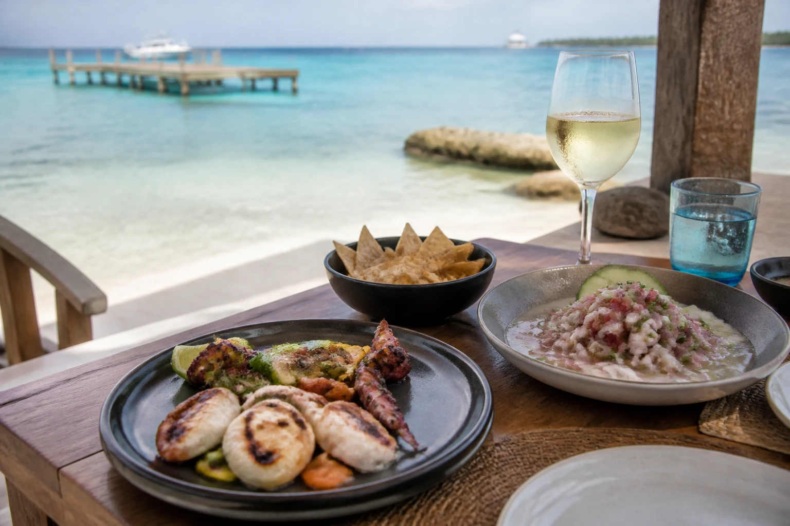 Ceviche and grilled seafood at a Cozumel beach club