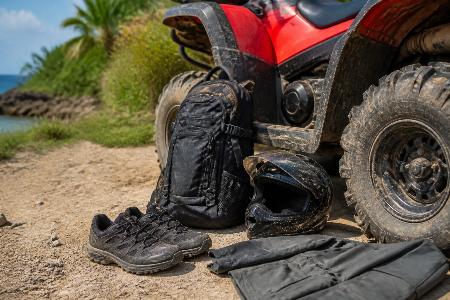 Clothing and equipment prepared for a Cozumel ATV tour