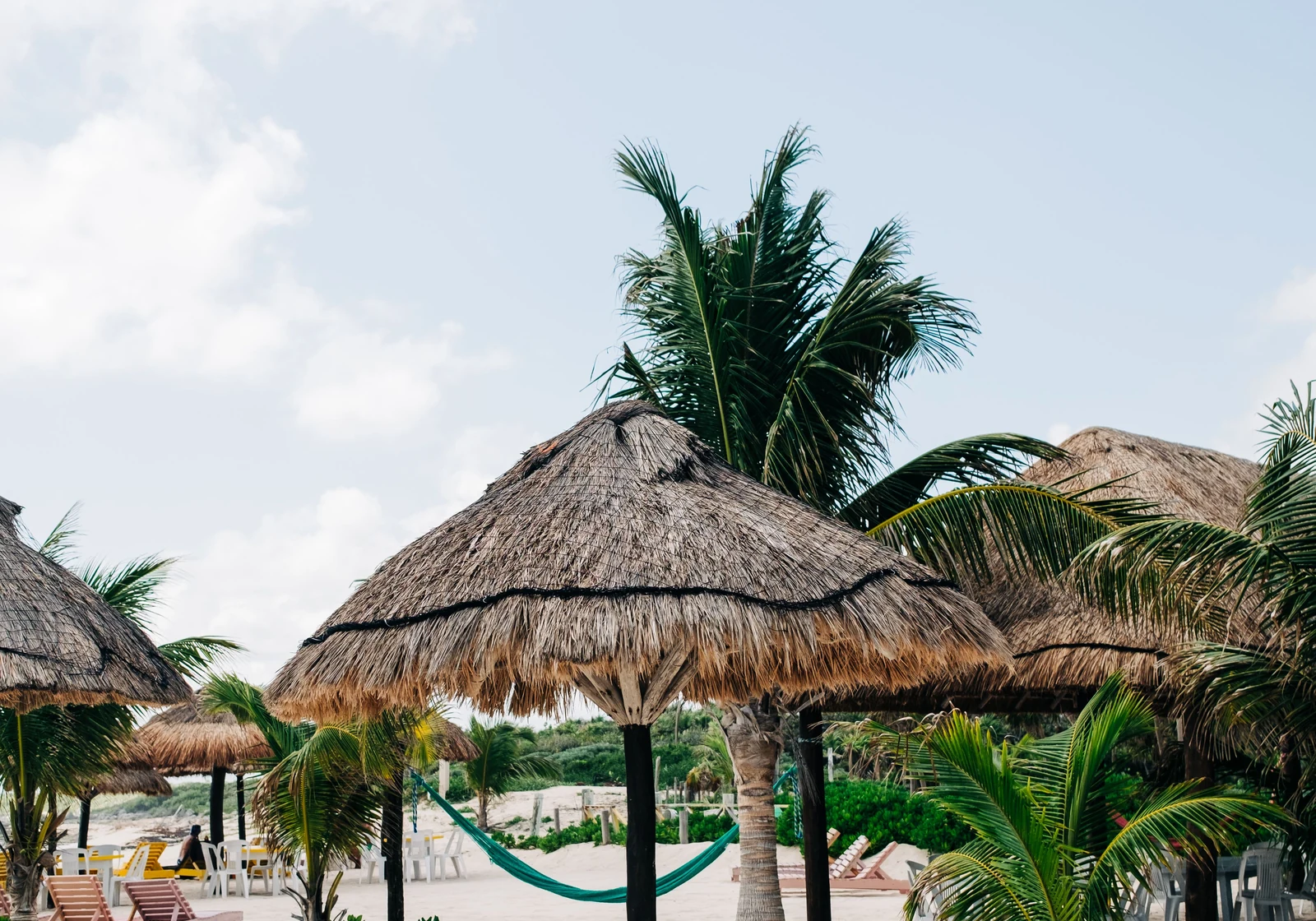 Palapas and lounge chairs at a Cozumel beach club