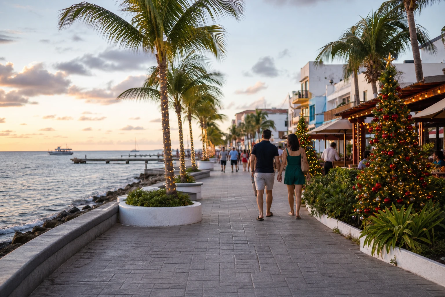 Cozumel waterfront decorated with subtle Christmas lights at twilight