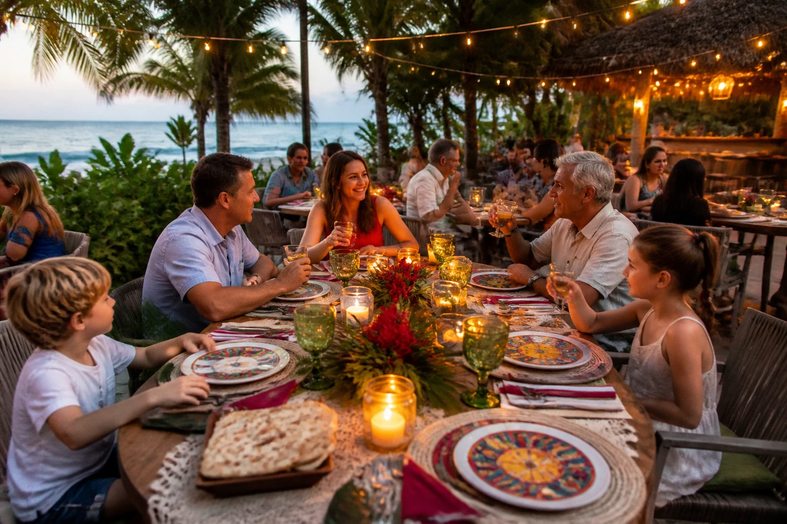 Festive outdoor Christmas dinner setting in Cozumel