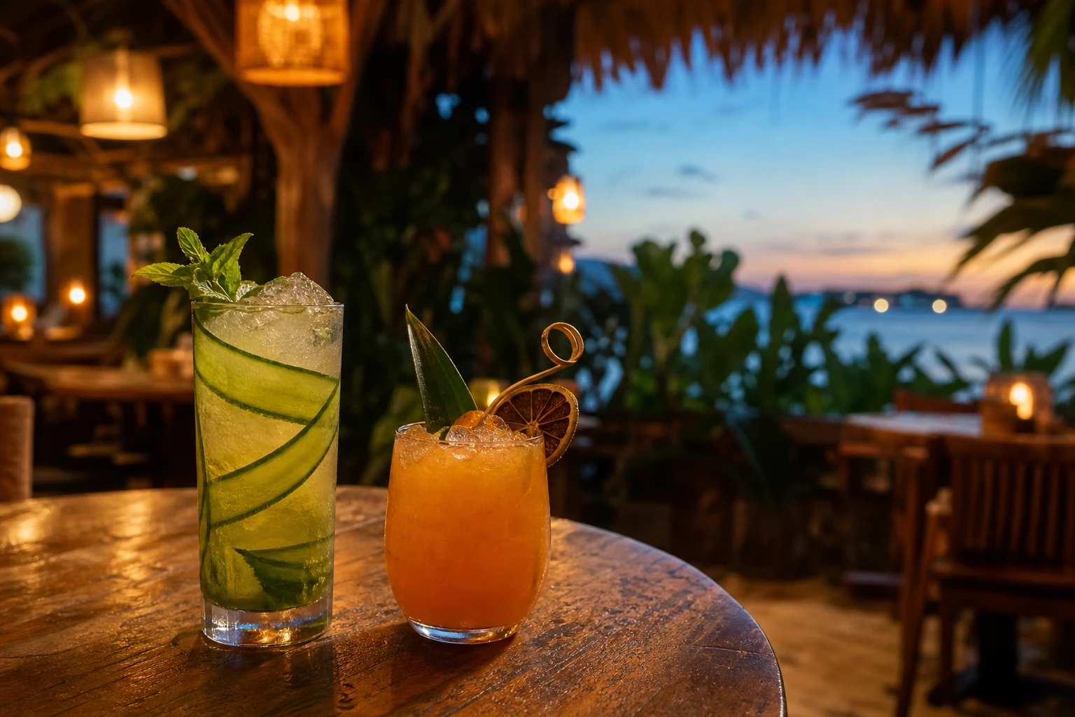 Tropical cocktails in a jungle-inspired Cozumel dining setting