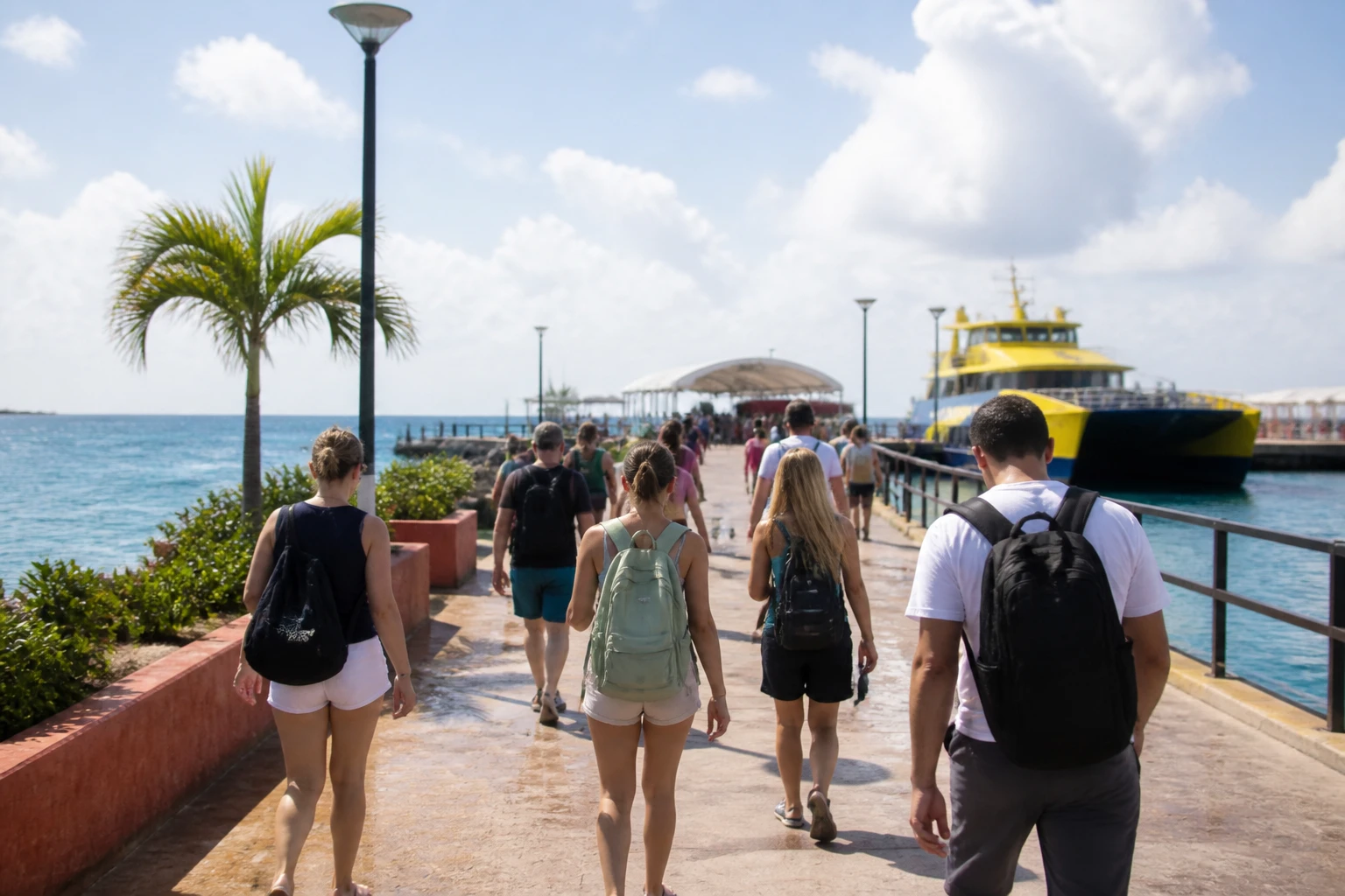 Day travelers approaching a ferry terminal with small bags