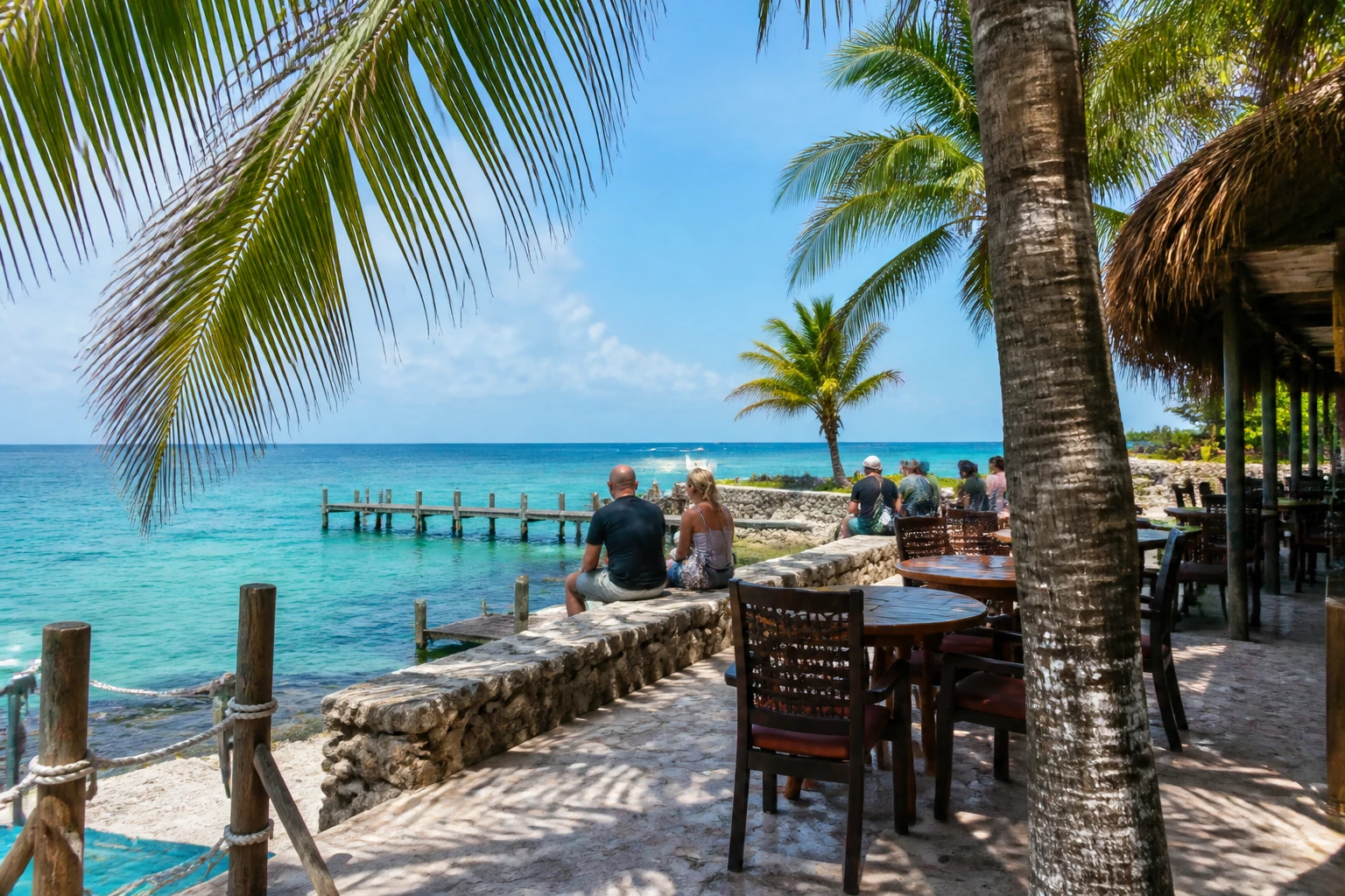 Turquoise water and shaded beachfront seating on Cozumel