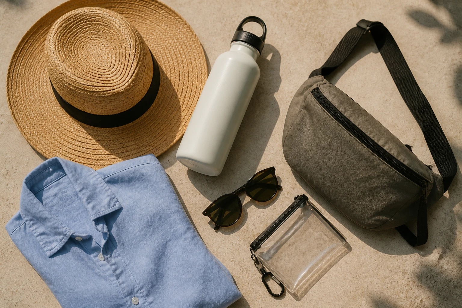 Lightweight essentials packed for a Cozumel day trip