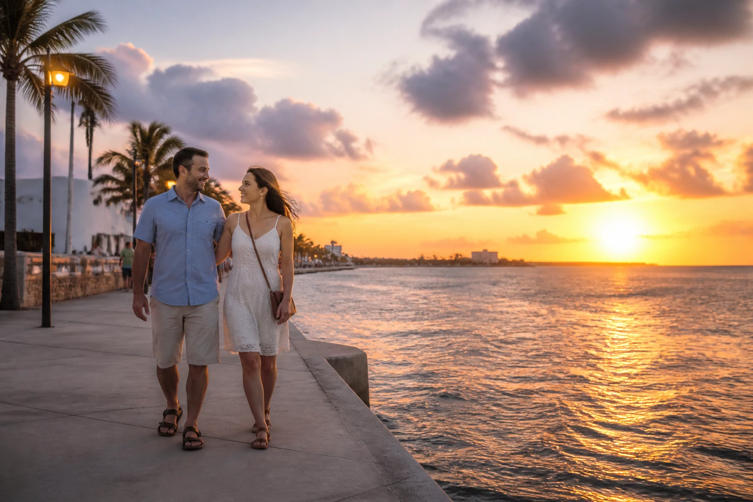 Couple walking along the Cozumel waterfront at sunset