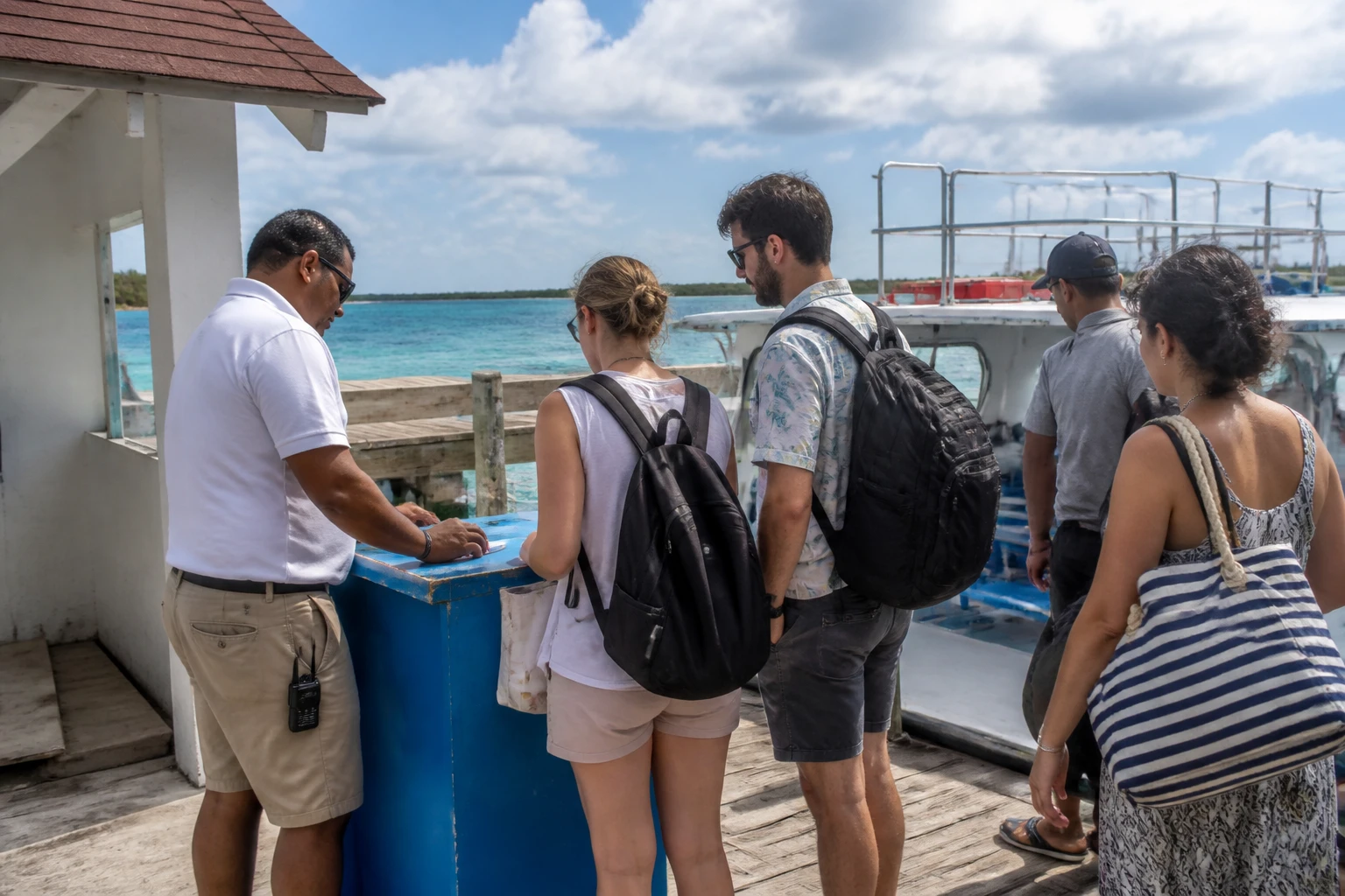 Travelers meeting at a Cozumel boat departure dock