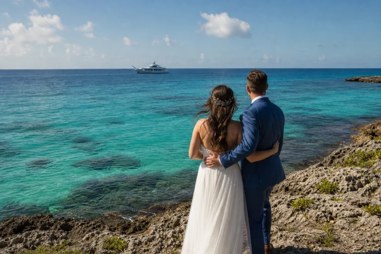 Couple enjoying the Caribbean shoreline during a Cozumel honeymoon