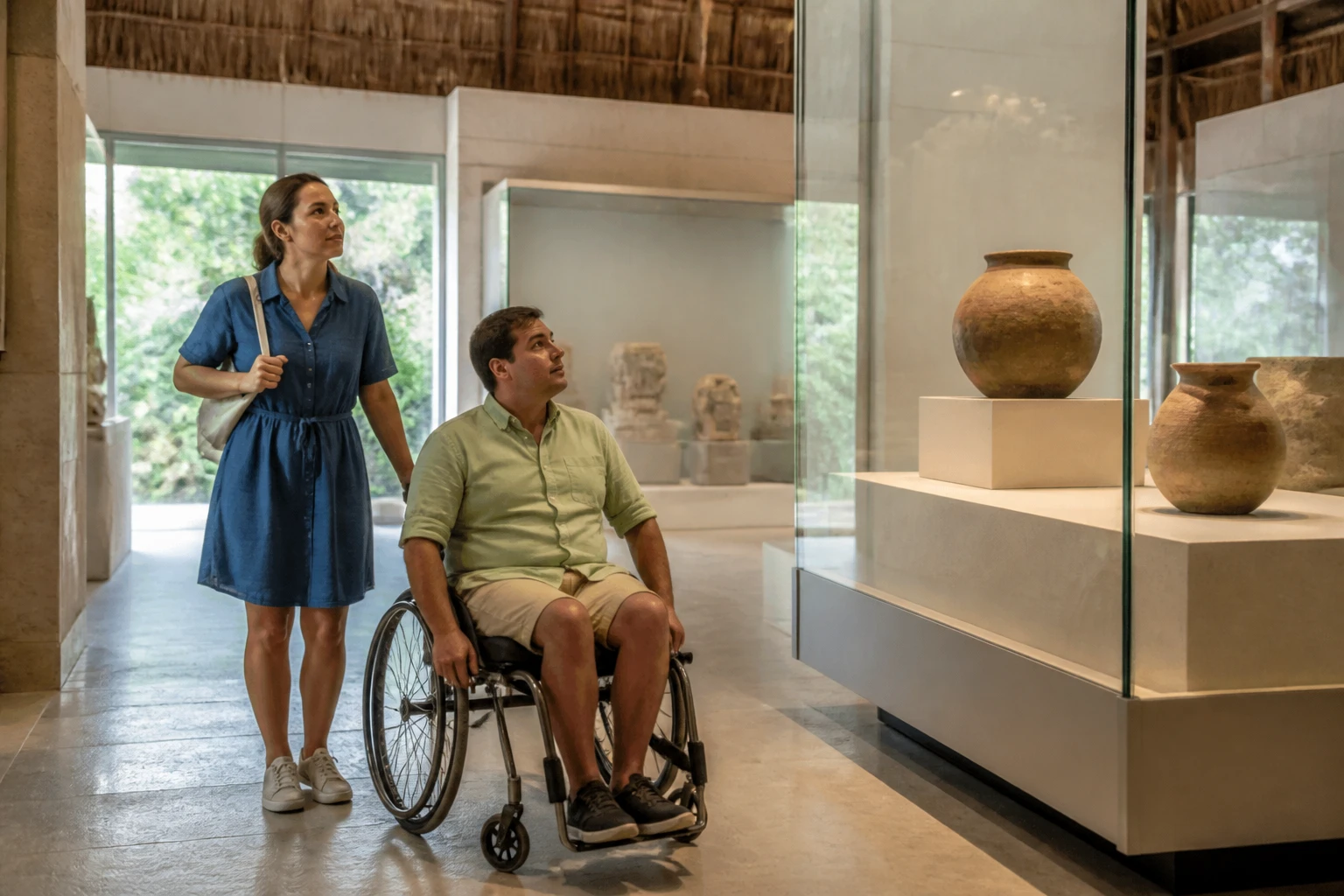 Wheelchair user visiting a spacious museum gallery