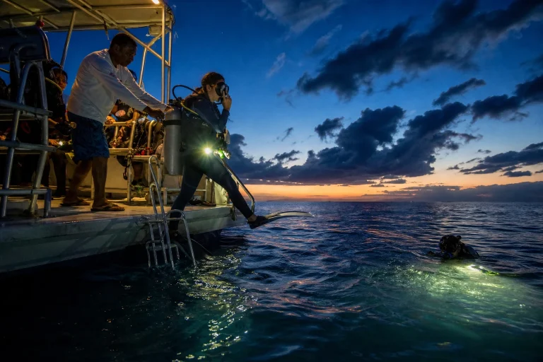 Scuba divers preparing for a Cozumel night dive from a boat at twilight