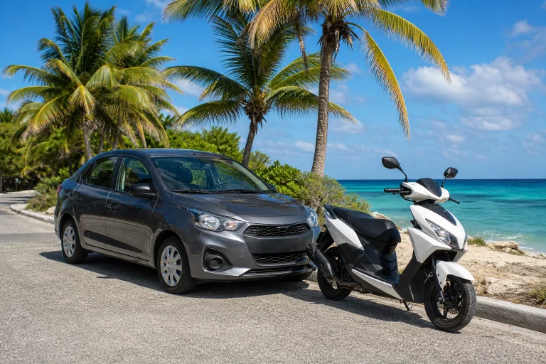 Rental car and scooter parked beside a tropical road in Cozumel