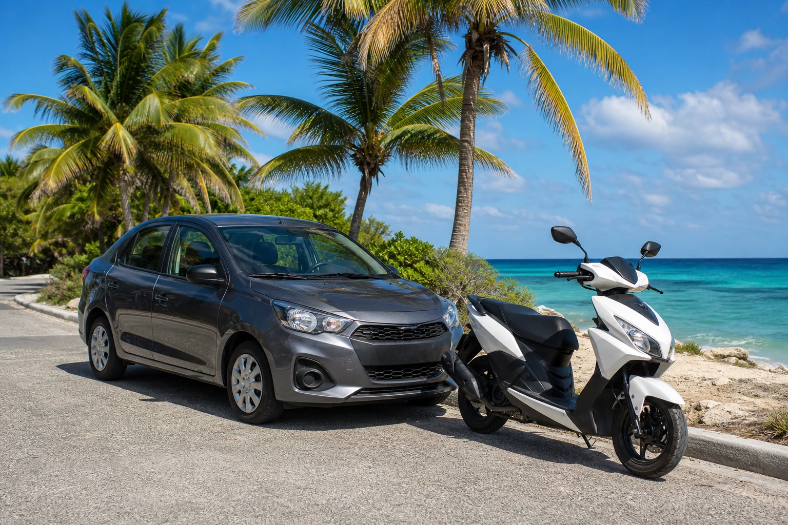 Rental car and scooter parked beside a tropical road in Cozumel