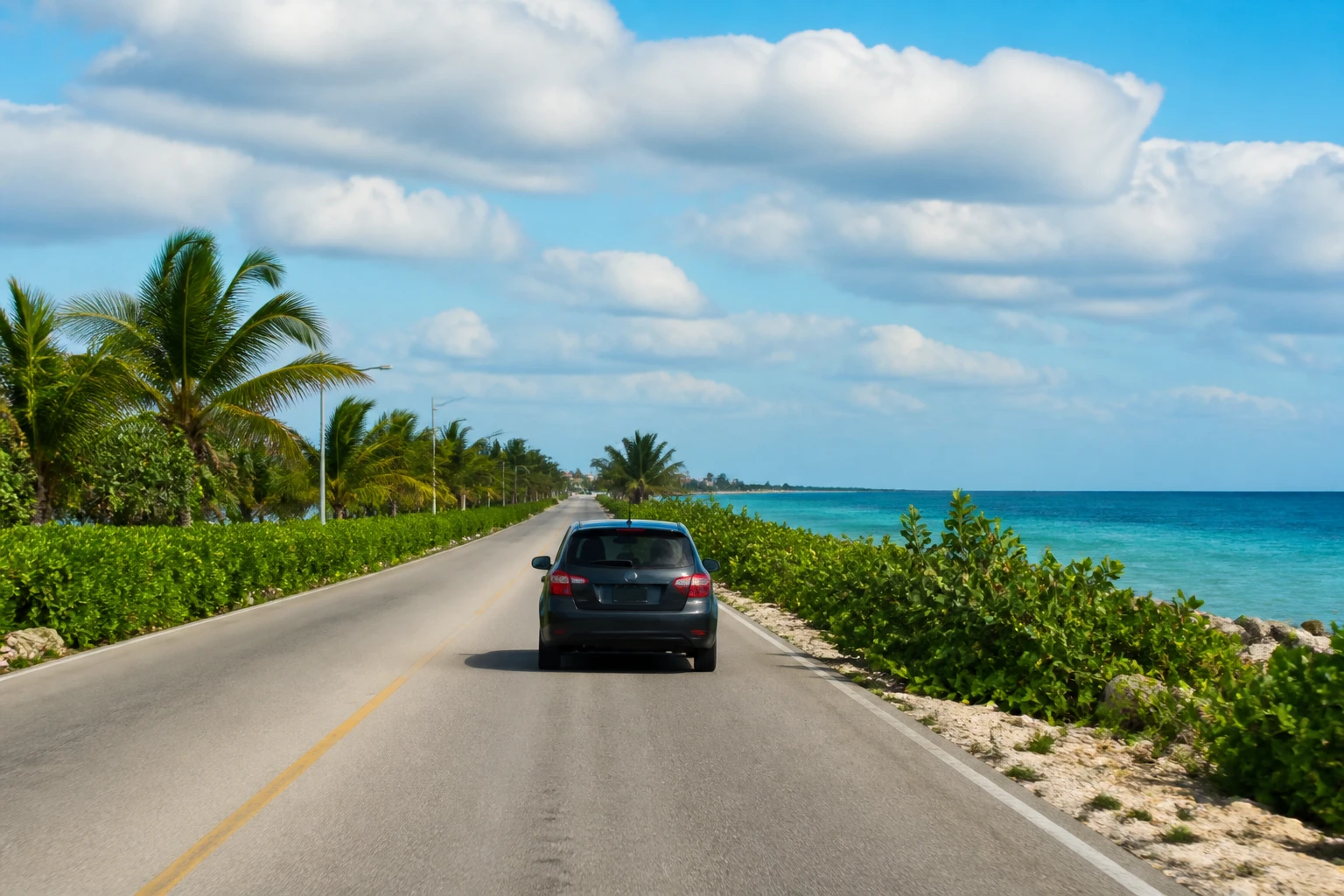 Compact car on a tropical island road in Cozumel