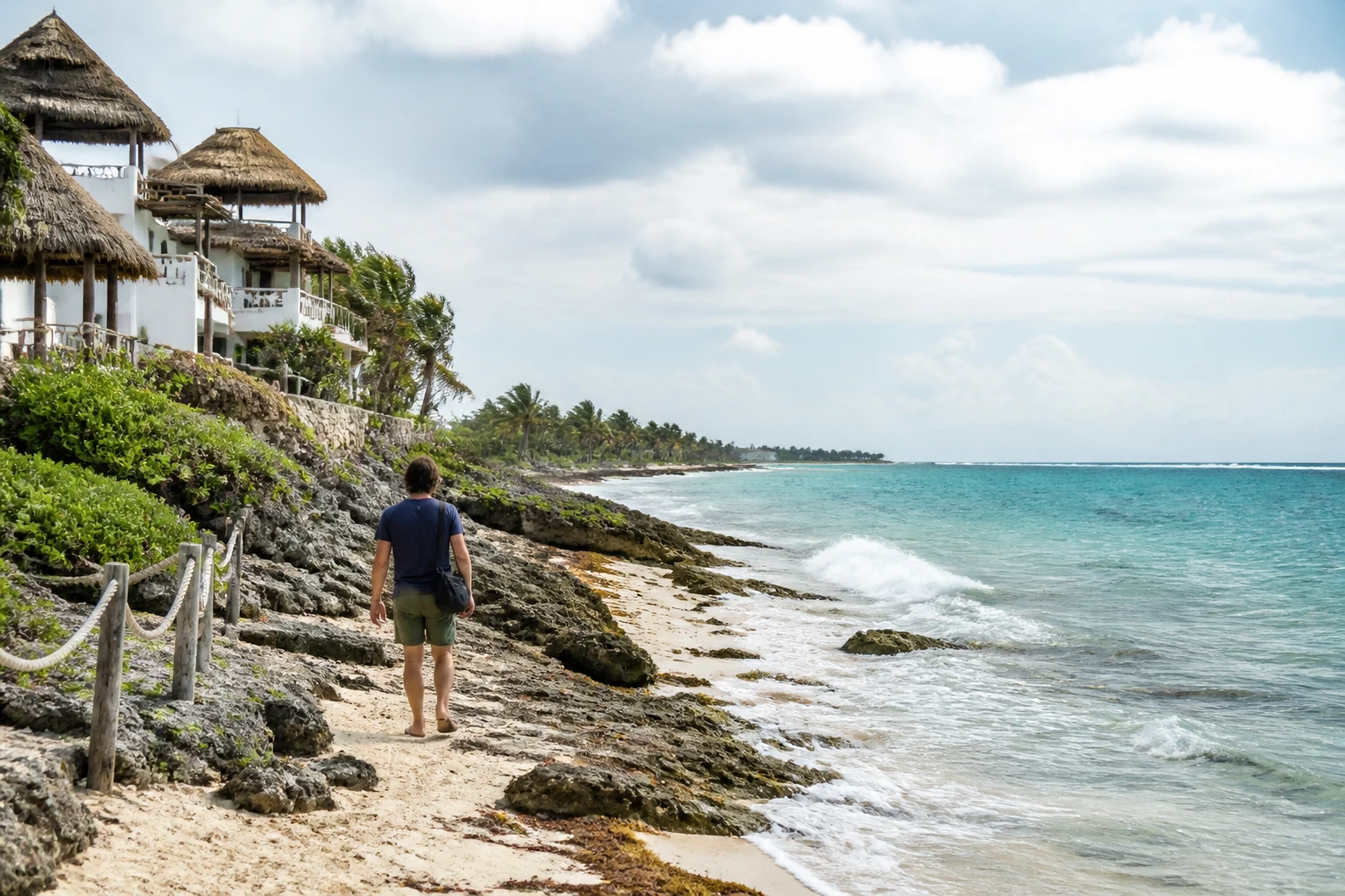 Solo traveler exploring a developed coastal area in Cozumel