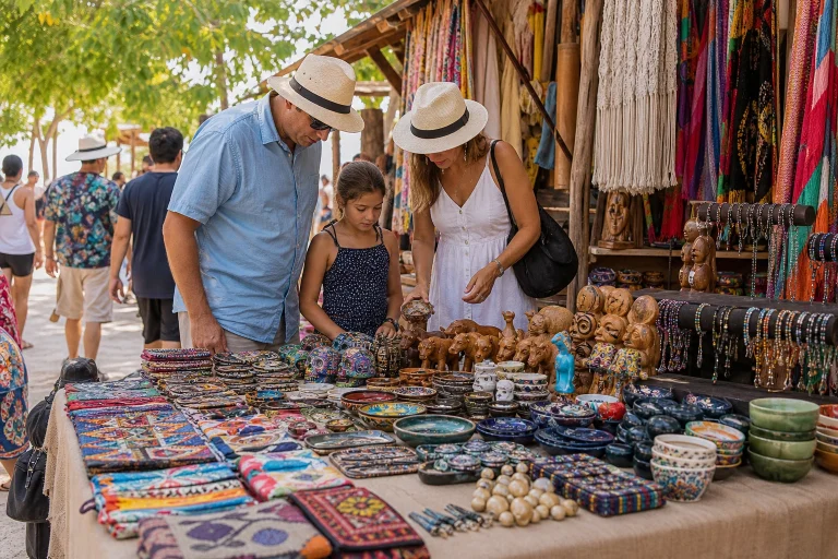 Colorful textiles, ceramics, and crafts displayed at a Cozumel souvenir shop
