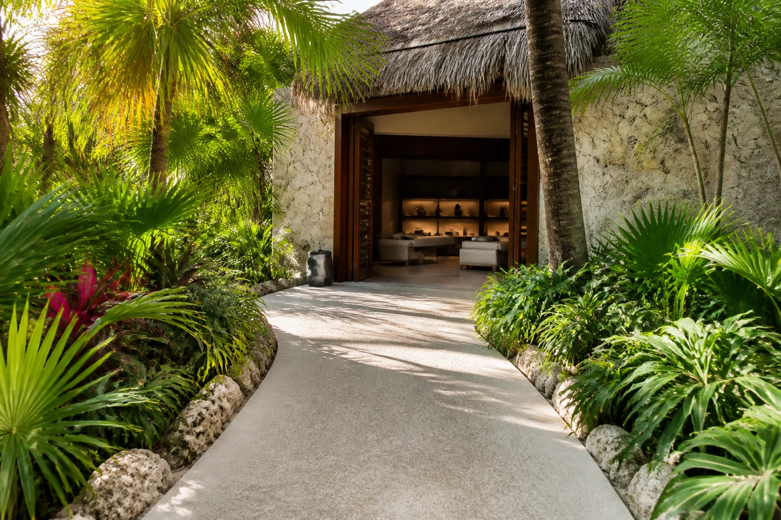 Level resort pathway leading toward a spa entrance