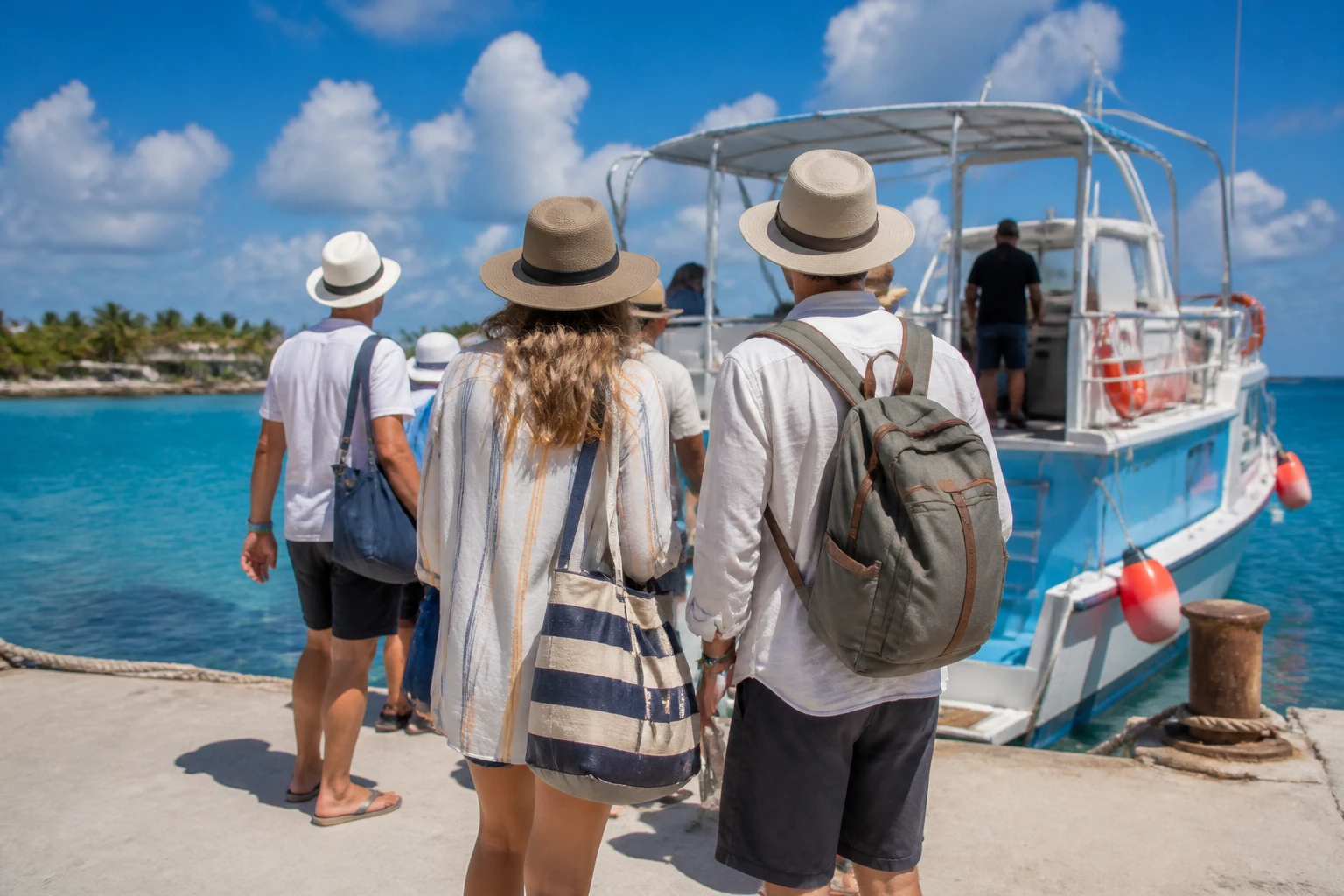 Travelers preparing for a boat outing in Cozumel