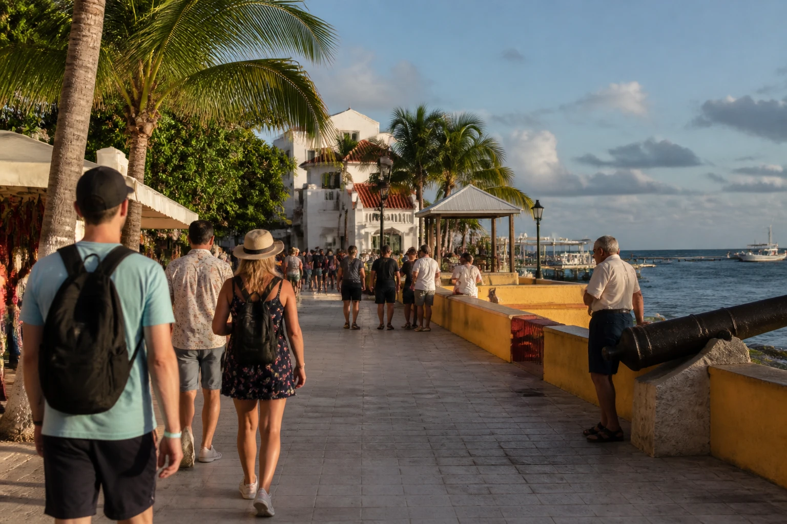 Travelers walking near the San Miguel de Cozumel waterfront