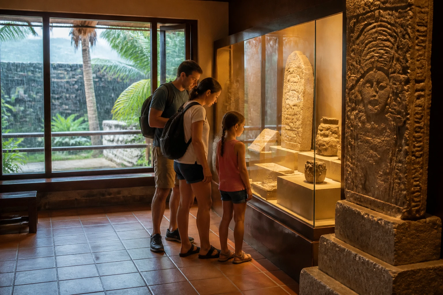 Visitors exploring a Cozumel museum while rain falls outside