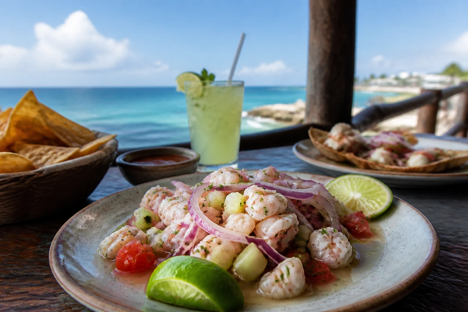 Seafood meal served at an outdoor restaurant in Cozumel