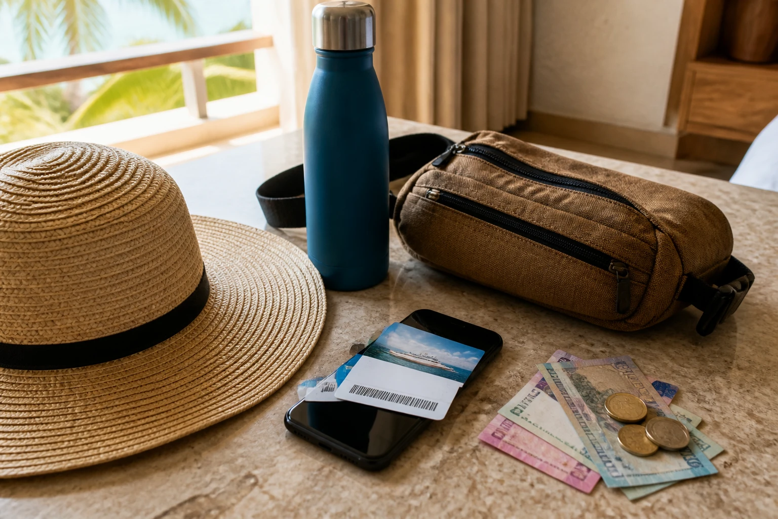 Day-trip essentials prepared for travel from Cozumel to Xcaret